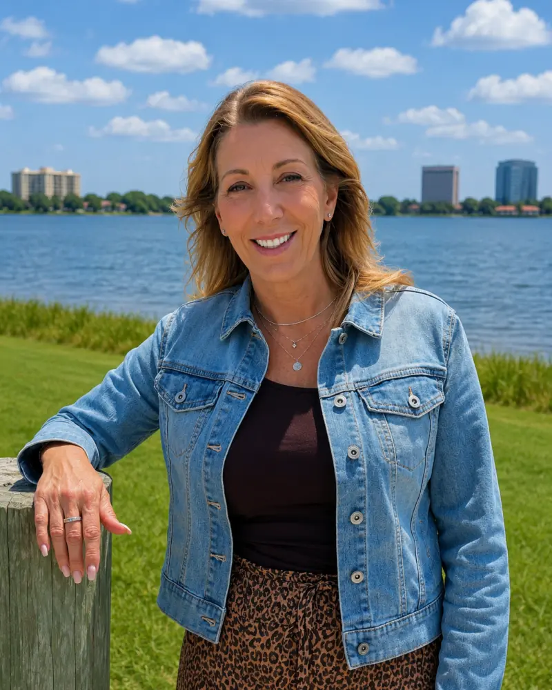 A smiling woman with highlighted blonde hair stands by a wooden railing near a lake, wearing a denim jacket, necklace, and leopard-print skirt with a city skyline in the background.