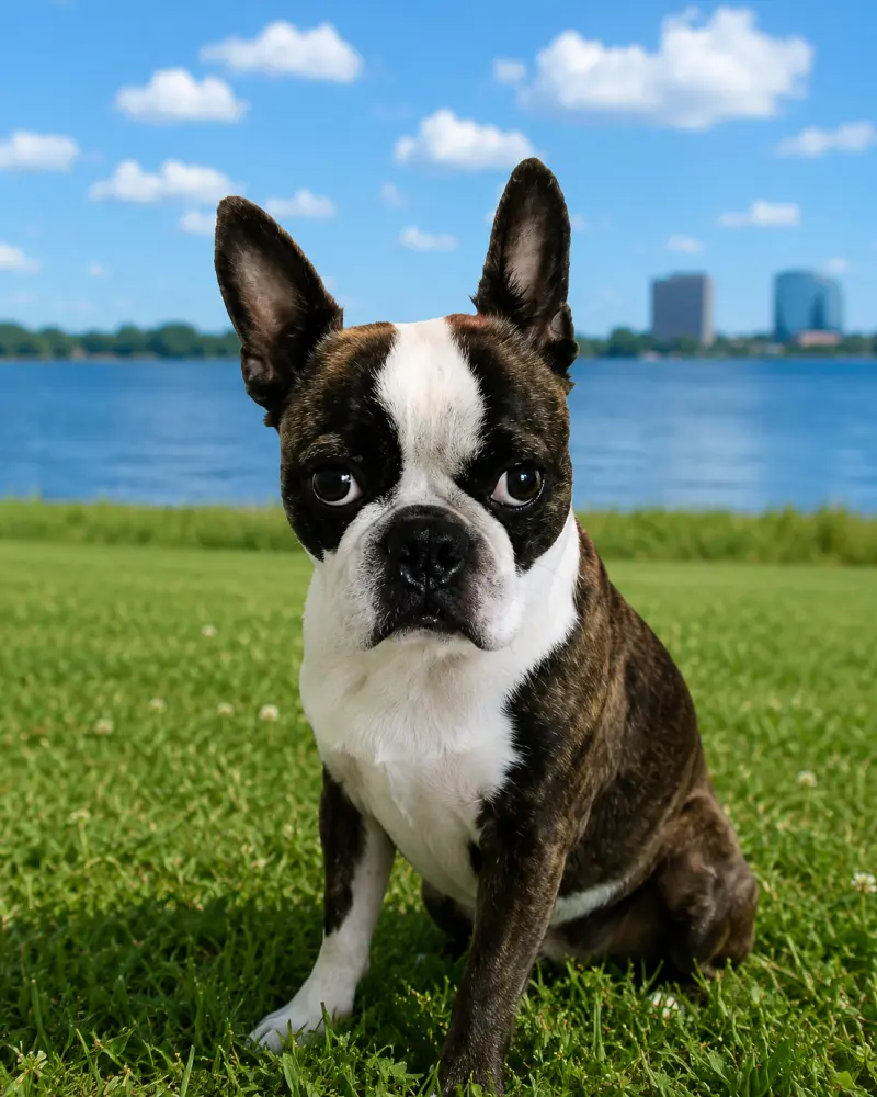 A small black-and-white French bulldog sitting on green grass by a lake, looking toward the camera with tall upright ears.